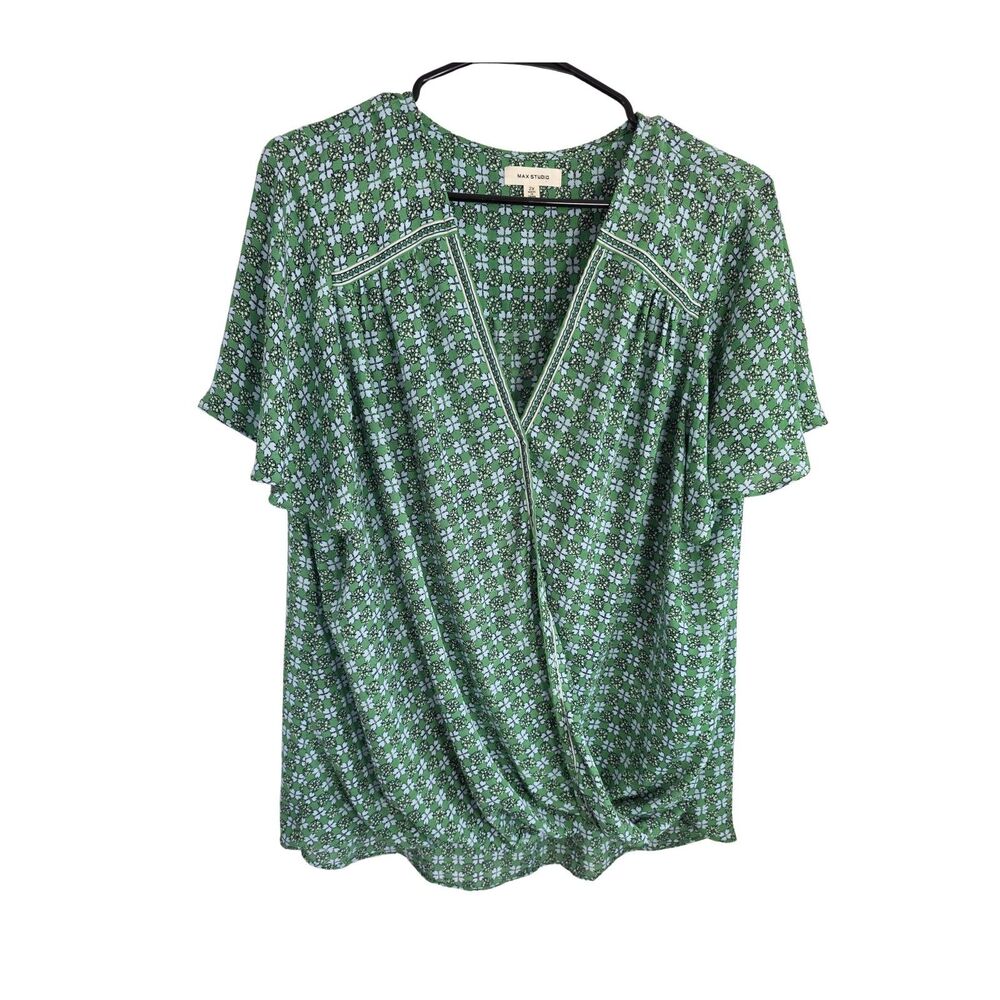 Max Studio Green Geometric Clover Surplice Faux Wrap Blouse Top 2X